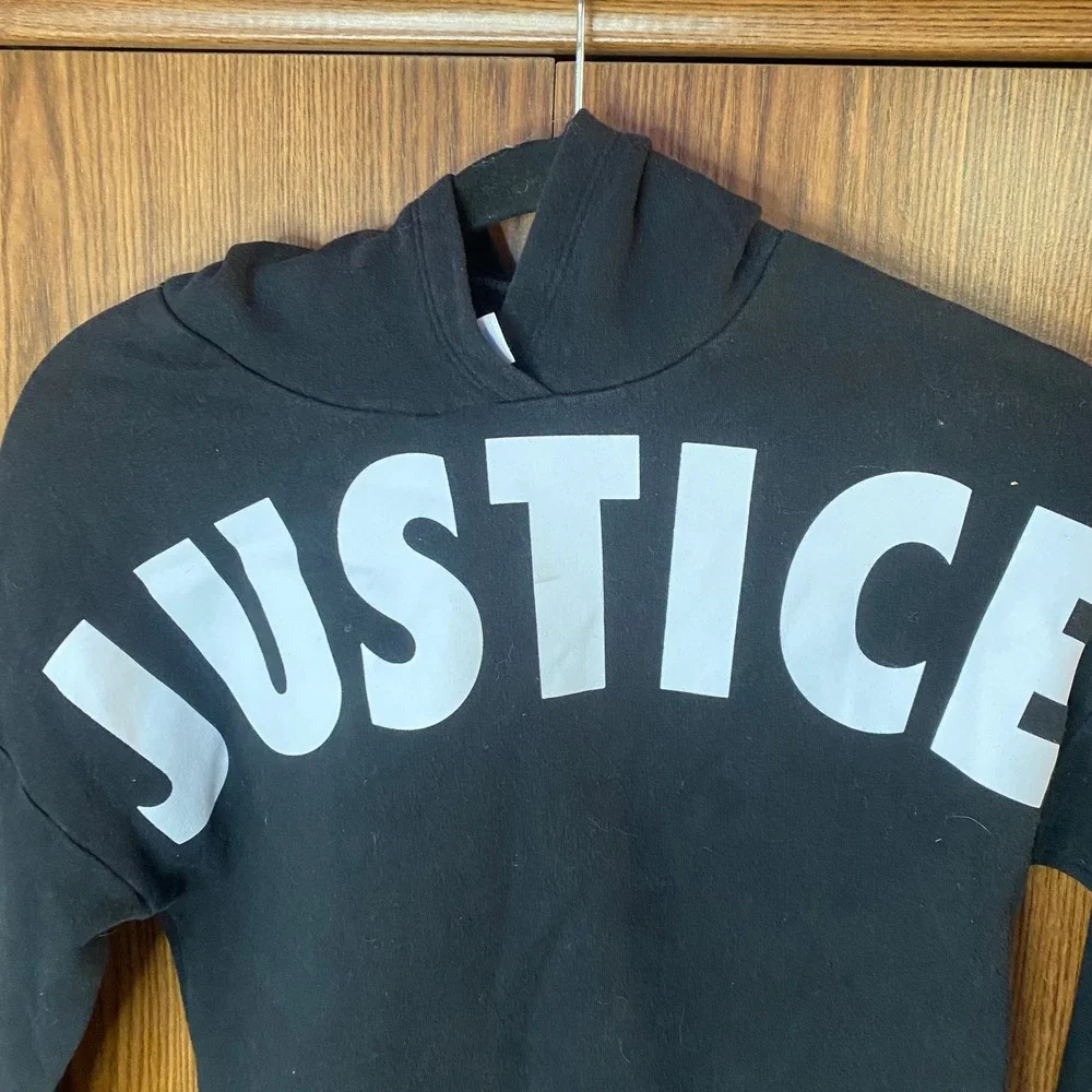 Justice Cropped Hoodie Girls Size 8 Black Logo Pullover Sweatshirt Activewear